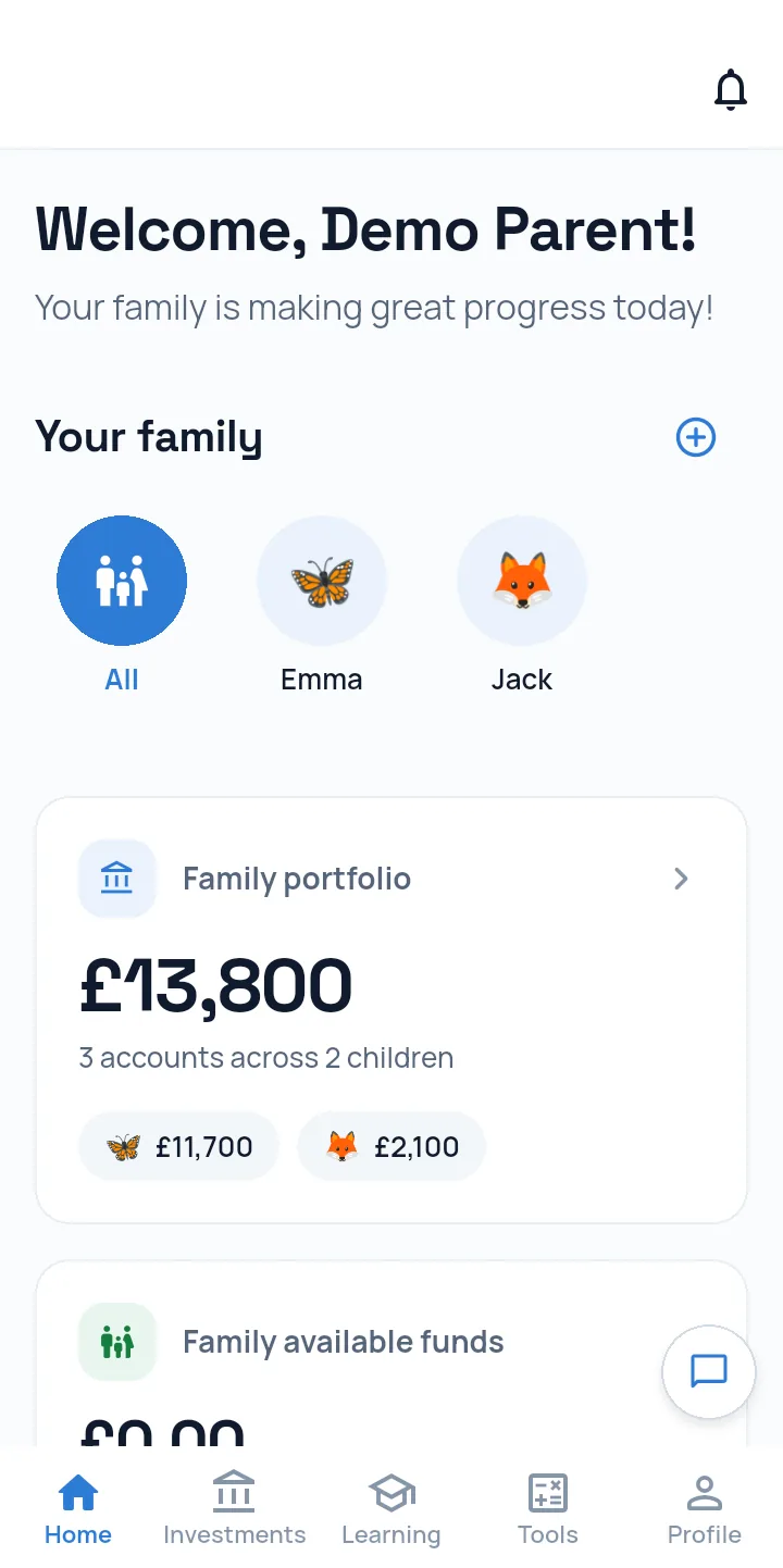The parent home screen in the Squids-In app, showing the demo family’s portfolio