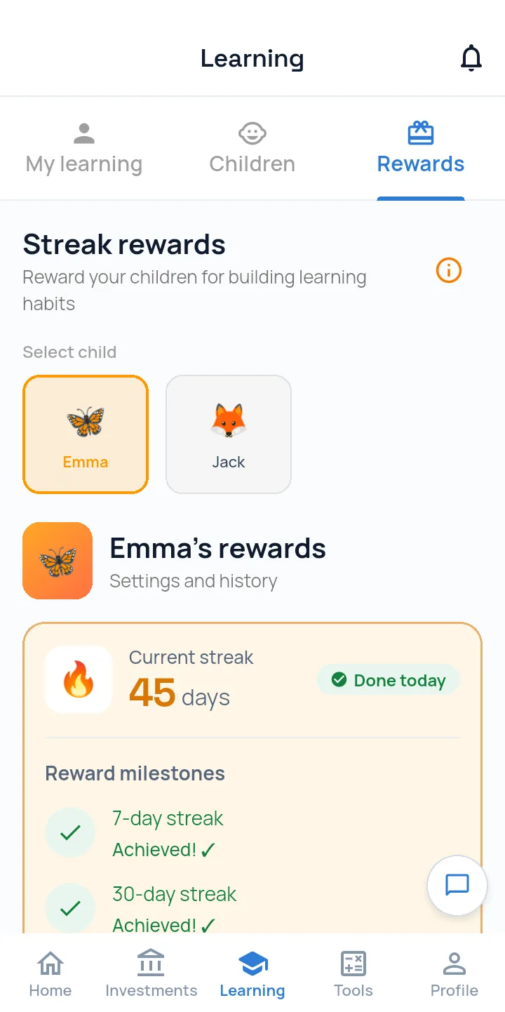 The parent rewards screen showing a child’s streak and reward milestones